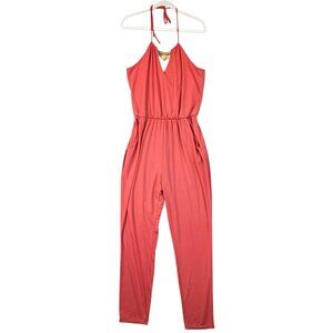 2B Bebe Jumpsuit Womens Large Coral Romper Sleeveless Fringe Necklace Pockets